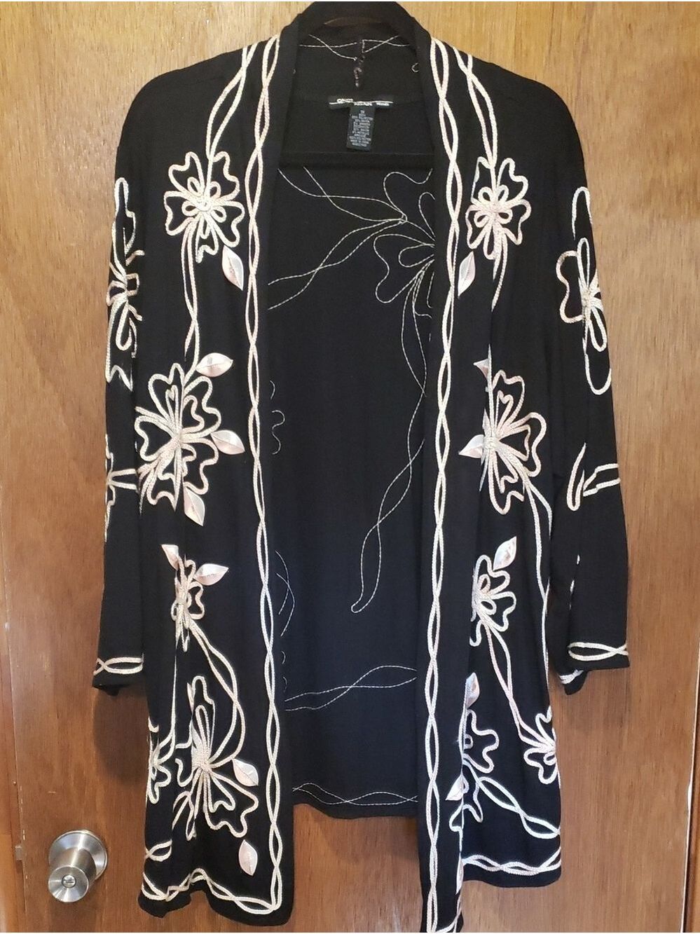 Vintage 90s Embroidered Black Open Cardigan with Cream & Pink Floral Trim